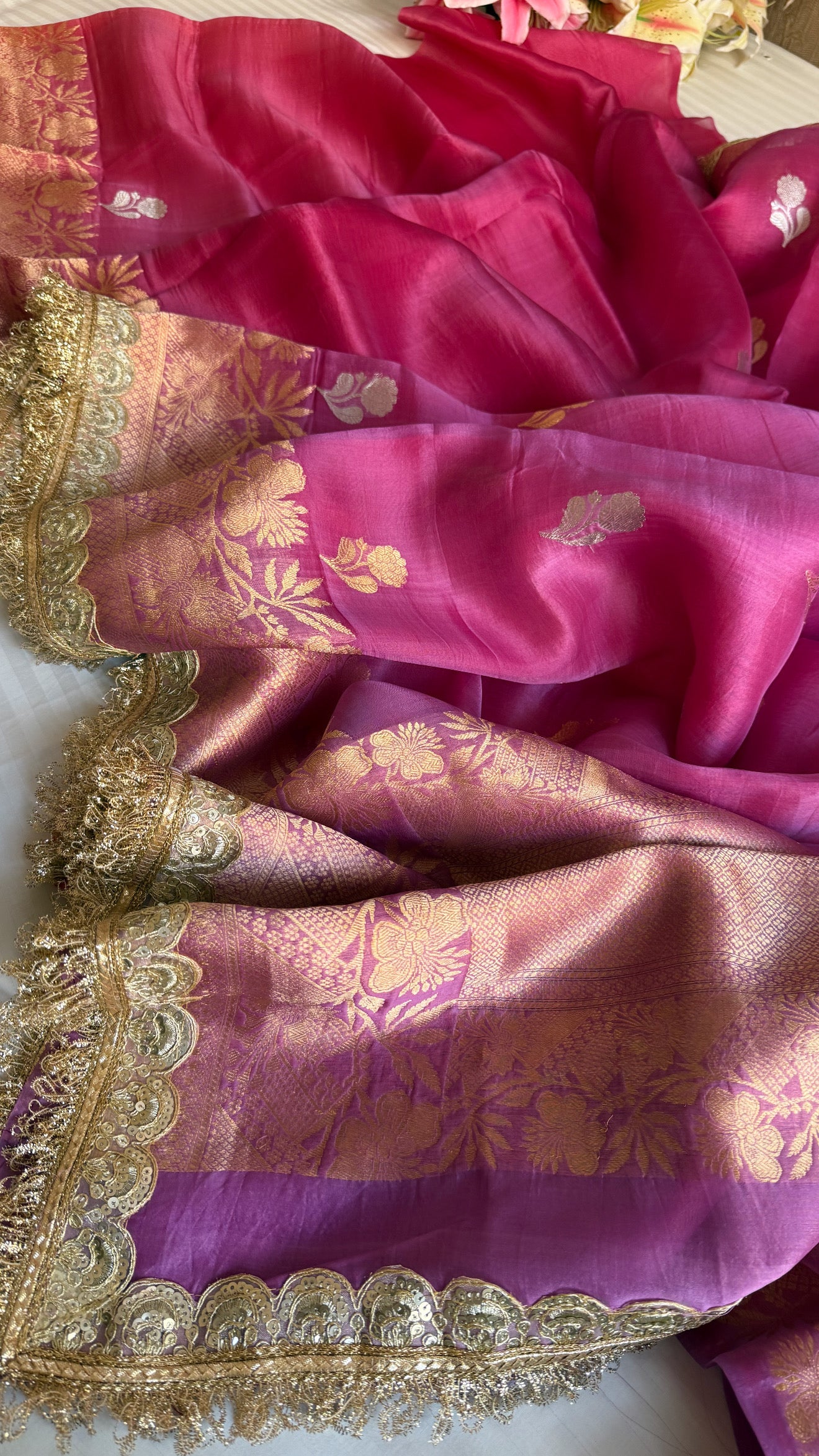 4D rang birangi shaded multicoloured Kora silk Banarasi saree